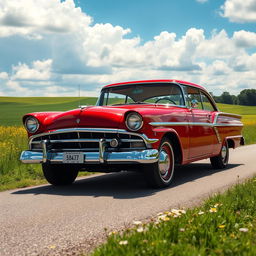 A classic Ford V8 car parked on a picturesque country road, surrounded by lush green fields and wildflowers