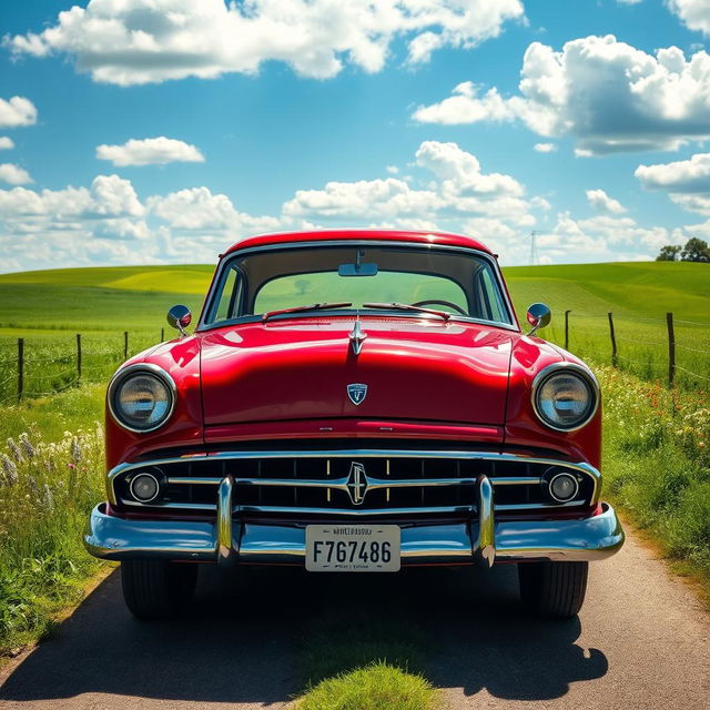 A classic Ford V8 car parked on a picturesque country road, surrounded by lush green fields and wildflowers