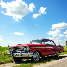 A classic Ford V8 car parked on a picturesque country road, surrounded by lush green fields and wildflowers