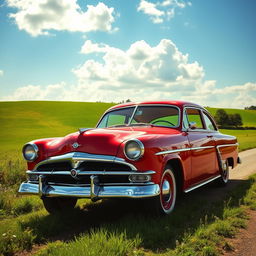 A classic Ford V8 car parked on a picturesque country road, surrounded by lush green fields and wildflowers