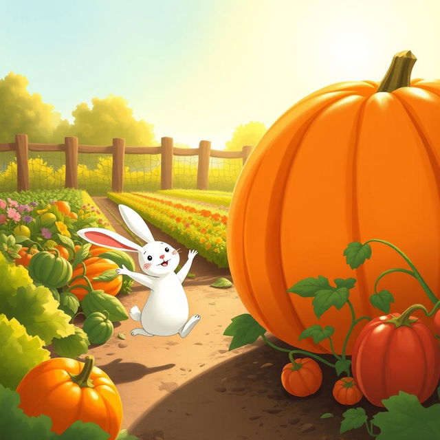 In a joyful morning scene, a small white rabbit happily leaps in a vibrant vegetable garden, with a large pumpkin beside it