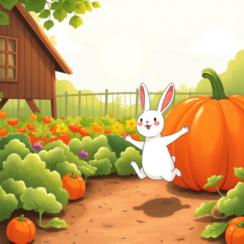 In a joyful morning scene, a small white rabbit happily leaps in a vibrant vegetable garden, with a large pumpkin beside it