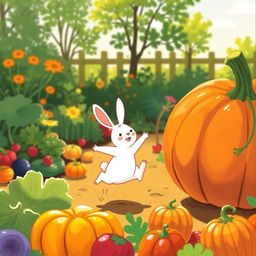 In a joyful morning scene, a small white rabbit happily leaps in a vibrant vegetable garden, with a large pumpkin beside it
