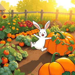 In a joyful morning scene, a small white rabbit happily leaps in a vibrant vegetable garden, with a large pumpkin beside it
