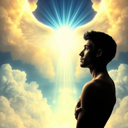 A striking and symbolic representation of a human figure in a contemplative stance facing a majestic and powerful representation of God