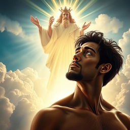 A striking and symbolic representation of a human figure in a contemplative stance facing a majestic and powerful representation of God