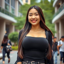 A beautiful Chinese university student with large, round breasts, radiating a playful and flirtatious vibe
