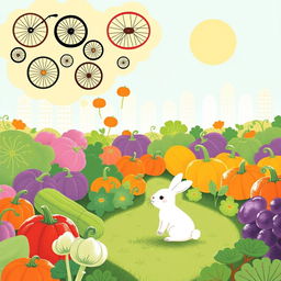 In a whimsical morning scene, a small white rabbit sits in a vibrant vegetable garden, lost in imaginative thoughts of bicycle wheels and pumpkins