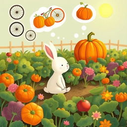 In a whimsical morning scene, a small white rabbit sits in a vibrant vegetable garden, lost in imaginative thoughts of bicycle wheels and pumpkins
