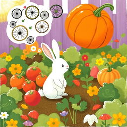 In a whimsical morning scene, a small white rabbit sits in a vibrant vegetable garden, lost in imaginative thoughts of bicycle wheels and pumpkins