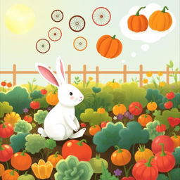 In a whimsical morning scene, a small white rabbit sits in a vibrant vegetable garden, lost in imaginative thoughts of bicycle wheels and pumpkins