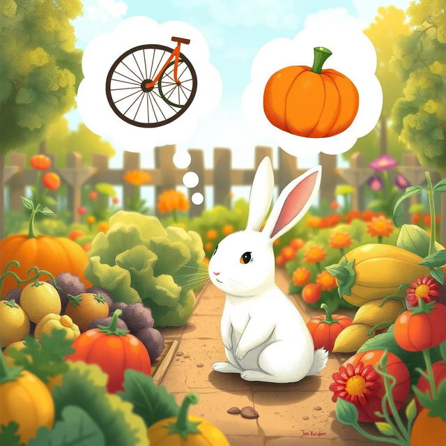 In a bright morning scene, a small white rabbit sits in a lively vegetable garden, dreaming of a bicycle wheel and a pumpkin