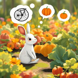 In a bright morning scene, a small white rabbit sits in a lively vegetable garden, dreaming of a bicycle wheel and a pumpkin