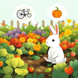 In a bright morning scene, a small white rabbit sits in a lively vegetable garden, dreaming of a bicycle wheel and a pumpkin