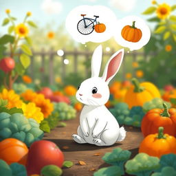 In a bright morning scene, a small white rabbit sits in a lively vegetable garden, dreaming of a bicycle wheel and a pumpkin