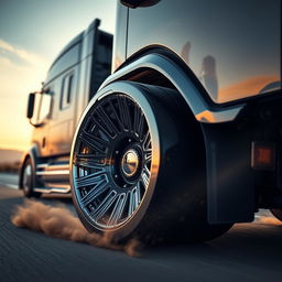 A striking close-up view of custom cutting-edge rims designed for Scania semi-trucks