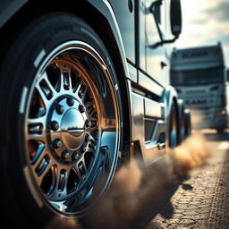A striking close-up view of custom cutting-edge rims designed for Scania semi-trucks