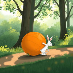 In a serene morning scene on a forest path, a small white rabbit is playfully rolling a large pumpkin along the ground