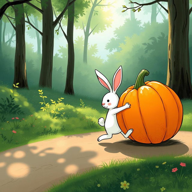 In a serene morning scene on a forest path, a small white rabbit is playfully rolling a large pumpkin along the ground