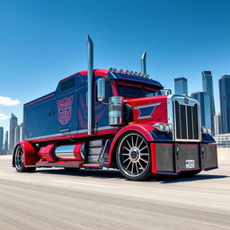 A stunning custom Optimus Prime semi-truck with cutting-edge design elements, featuring large, detailed rims and wheels