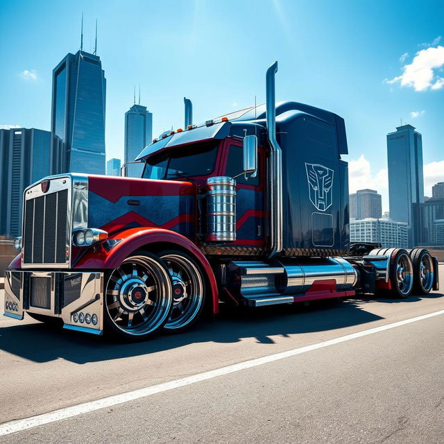 A stunning custom Optimus Prime semi-truck with cutting-edge design elements, featuring large, detailed rims and wheels