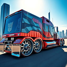 A stunning custom Optimus Prime semi-truck with cutting-edge design elements, featuring large, detailed rims and wheels