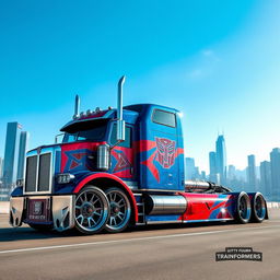 A stunning custom Optimus Prime semi-truck with cutting-edge design elements, featuring large, detailed rims and wheels