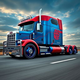 A custom semi-truck designed to resemble Optimus Prime, featuring striking blue and red colors along with metallic accents