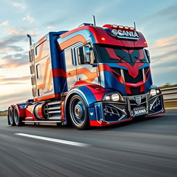 A custom semi-truck designed to resemble Optimus Prime, featuring striking blue and red colors along with metallic accents