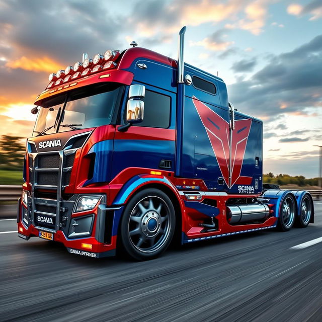 A custom semi-truck designed to resemble Optimus Prime, featuring striking blue and red colors along with metallic accents