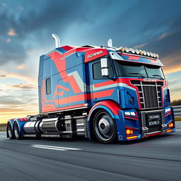 A custom semi-truck designed to resemble Optimus Prime, featuring striking blue and red colors along with metallic accents