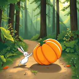 In a beautiful morning scene along a forest path, a small white rabbit is joyfully pushing a large pumpkin that is rolling on its side