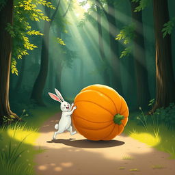 In a beautiful morning scene along a forest path, a small white rabbit is joyfully pushing a large pumpkin that is rolling on its side
