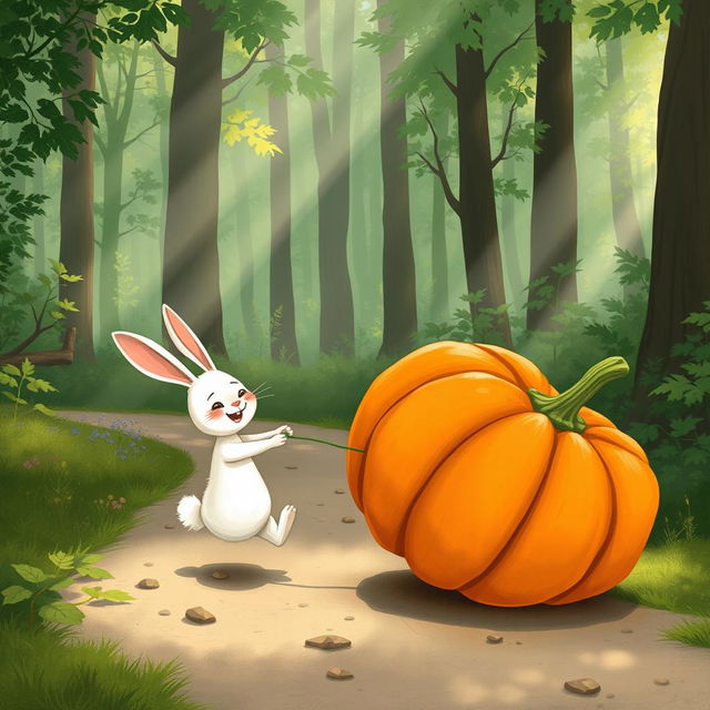 In a beautiful morning scene along a forest path, a small white rabbit is joyfully pushing a large pumpkin that is rolling on its side