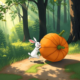 In a beautiful morning scene along a forest path, a small white rabbit is joyfully pushing a large pumpkin that is rolling on its side