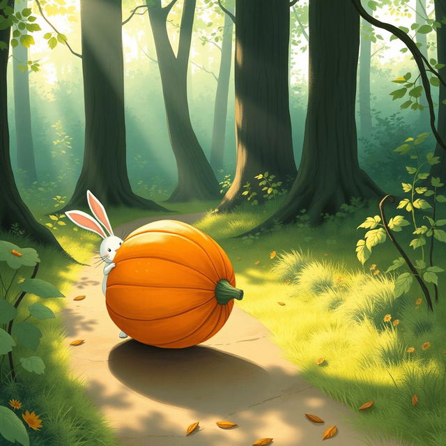 In a lovely morning scene along a forest path, a small white rabbit is eagerly pushing a large pumpkin forward as it rolls on its side