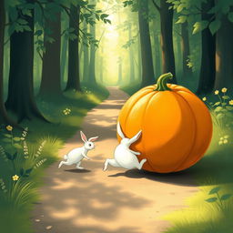 In a lovely morning scene along a forest path, a small white rabbit is eagerly pushing a large pumpkin forward as it rolls on its side