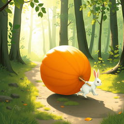 In a lovely morning scene along a forest path, a small white rabbit is eagerly pushing a large pumpkin forward as it rolls on its side