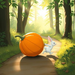 In a lovely morning scene along a forest path, a small white rabbit is eagerly pushing a large pumpkin forward as it rolls on its side
