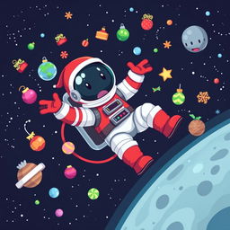 A colorful, cartoon-style pixel art of an astronaut floating in outer space with a dynamic pose, wearing a Christmas-themed spacesuit in vibrant red, white, and green colors