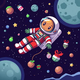 A colorful, cartoon-style pixel art of an astronaut floating in outer space with a dynamic pose, wearing a Christmas-themed spacesuit in vibrant red, white, and green colors
