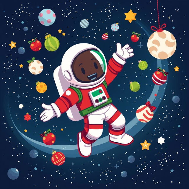 A colorful, cartoon-style pixel art of an astronaut floating in outer space with a dynamic pose, wearing a Christmas-themed spacesuit in vibrant red, white, and green colors