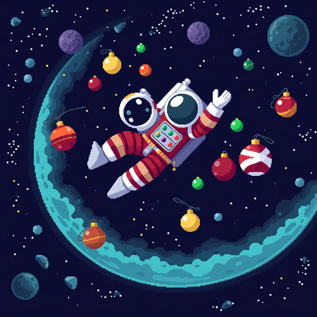 A pixel art of an astronaut floating in outer space with a dynamic, playful pose, wearing a vibrant Christmas-themed spacesuit in red, white, and green colors