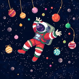 A pixel art of an astronaut floating in outer space with a dynamic, playful pose, wearing a vibrant Christmas-themed spacesuit in red, white, and green colors