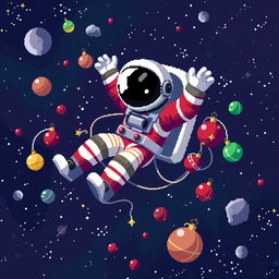 A pixel art of an astronaut floating in outer space with a dynamic, playful pose, wearing a vibrant Christmas-themed spacesuit in red, white, and green colors