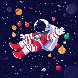 A pixel art of an astronaut floating in outer space with a dynamic, playful pose, wearing a vibrant Christmas-themed spacesuit in red, white, and green colors