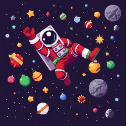A pixel art illustration featuring an astronaut floating in outer space with a dynamic pose