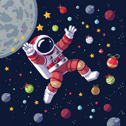 A pixel art illustration featuring an astronaut floating in outer space with a dynamic pose