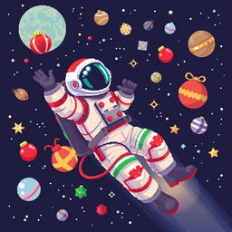 A pixel art illustration featuring an astronaut floating in outer space with a dynamic pose