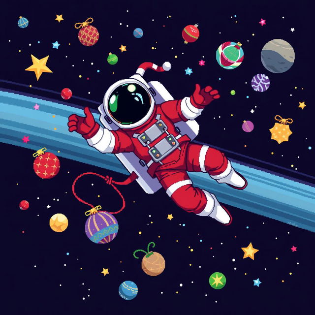 A pixel art illustration featuring an astronaut floating in outer space with a dynamic pose